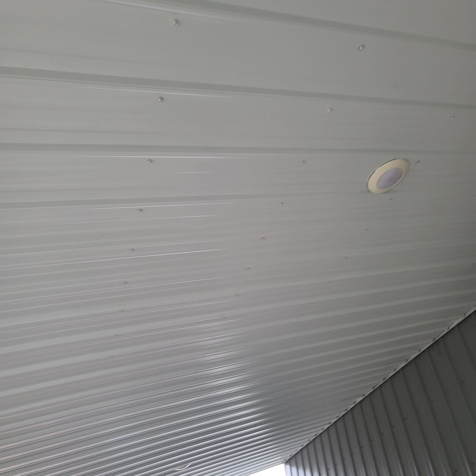 Underside of new corrugated metal roof panel installation